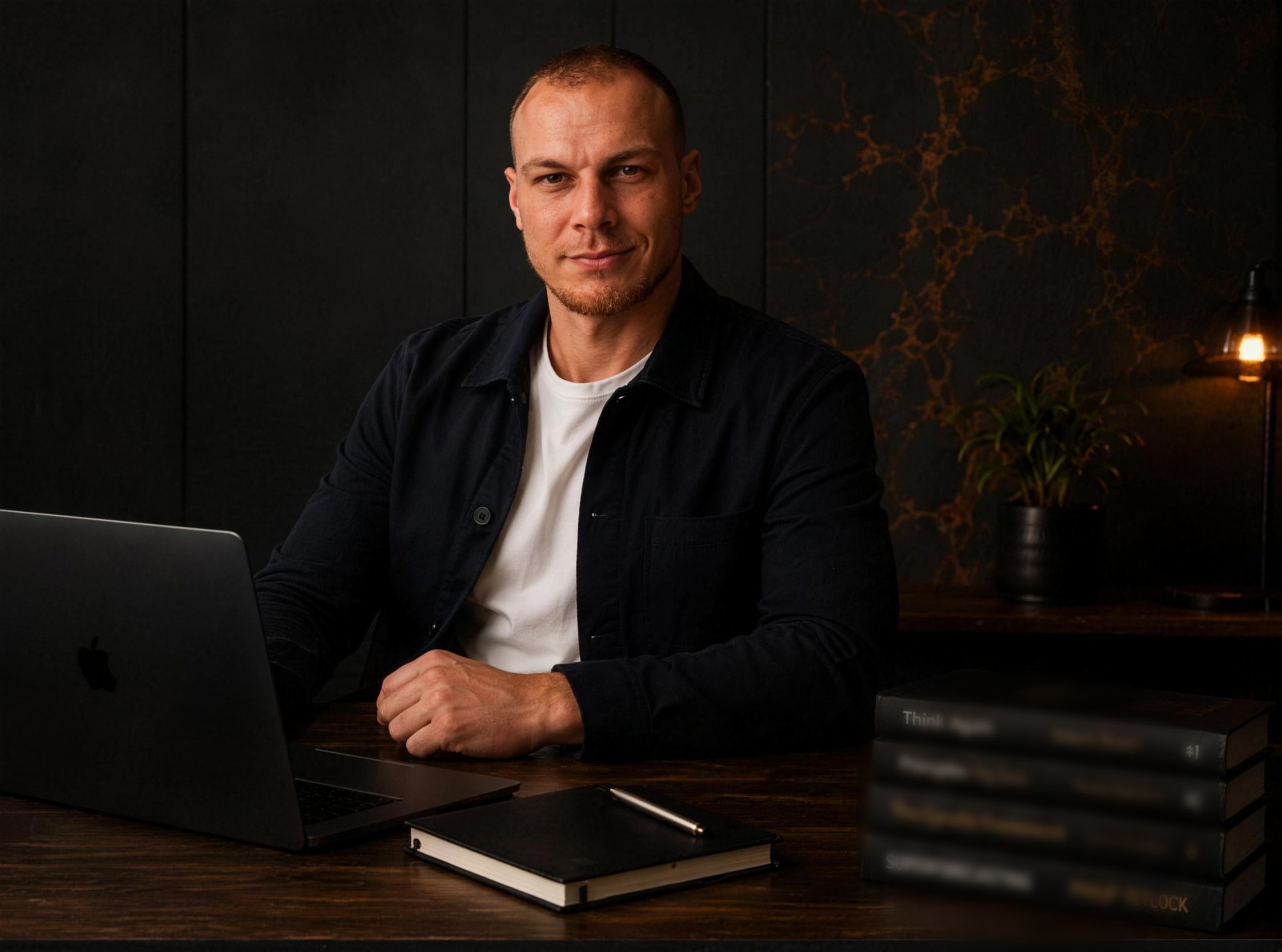 Nick Takkenberg, seated at a dark wooden desk with a laptop and a notebook
